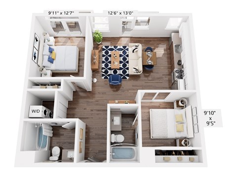 Floor plan for 2 beds, 2 baths, 939 sqft